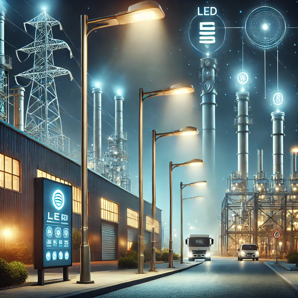 Penerangan jalan LED modern yang hemat energi dari PJUCahayaMitra, menerangi jalan perkotaan dengan latar belakang area industri yang menggunakan lampu berkualitas tinggi.