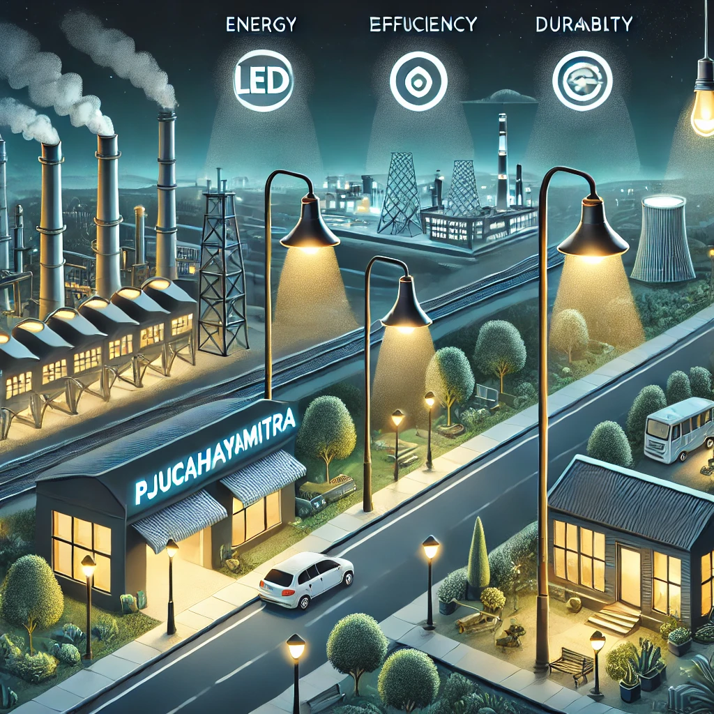 Gambar menampilkan solusi pencahayaan ramah lingkungan dari PJUCahayaMitra, termasuk lampu LED jalan untuk area urban, lampu industri di kawasan pabrik, dan lampu taman dekoratif di lingkungan residensial. Gambar menonjolkan efisiensi energi, daya tahan, dan keberlanjutan lingkungan.